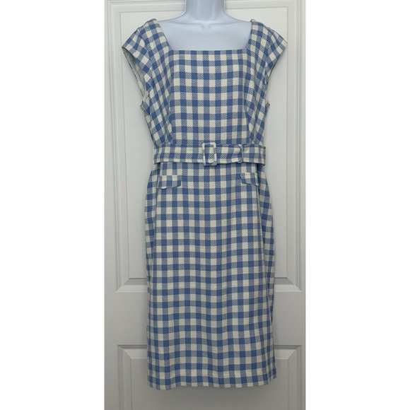 NWT Ann Taylor Blue/White Gingham Check Belted Cap-Sleeve Sheath Dress Size 14‎ - Picture 1 of 16